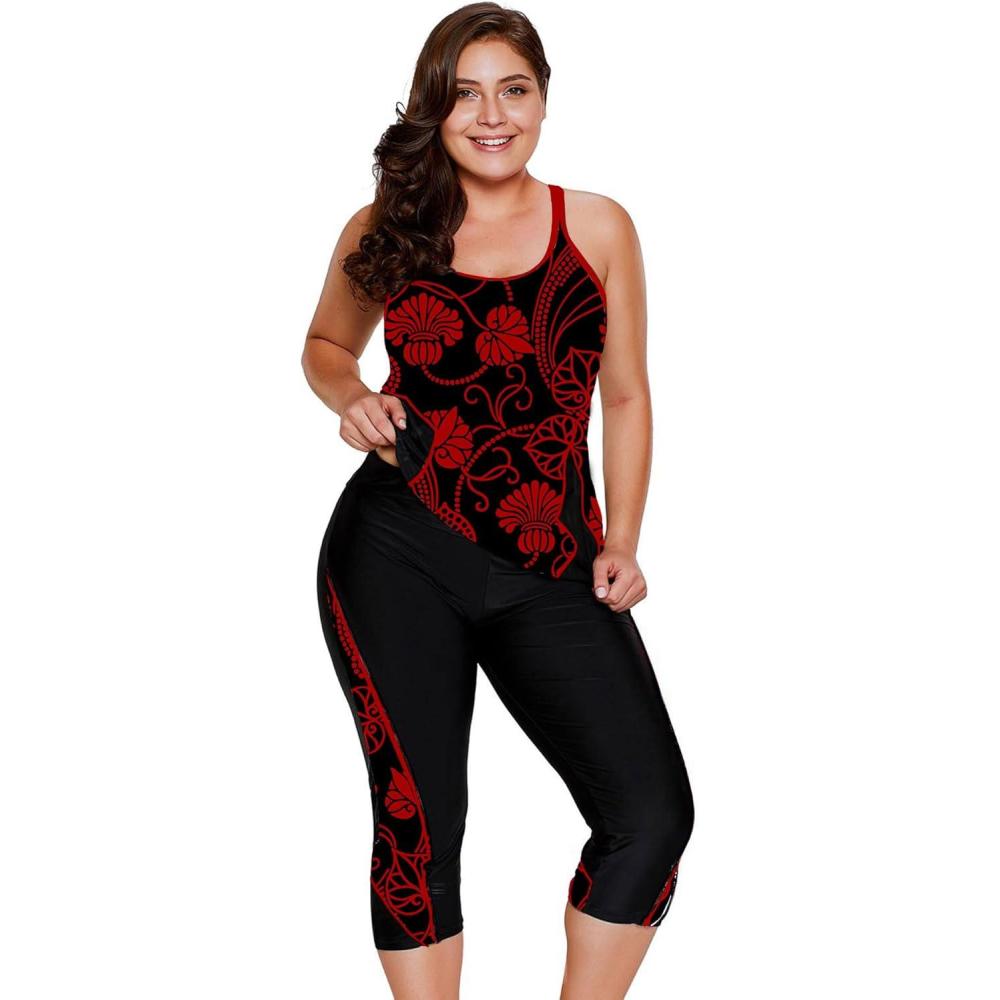 imageLALAGEN Womens Plus Size Swimsuits 2025 Modest Rash Guard Capris Tankini Bathing Suits Two Piece Bathing Suit SwimwearZwine Flowers Print