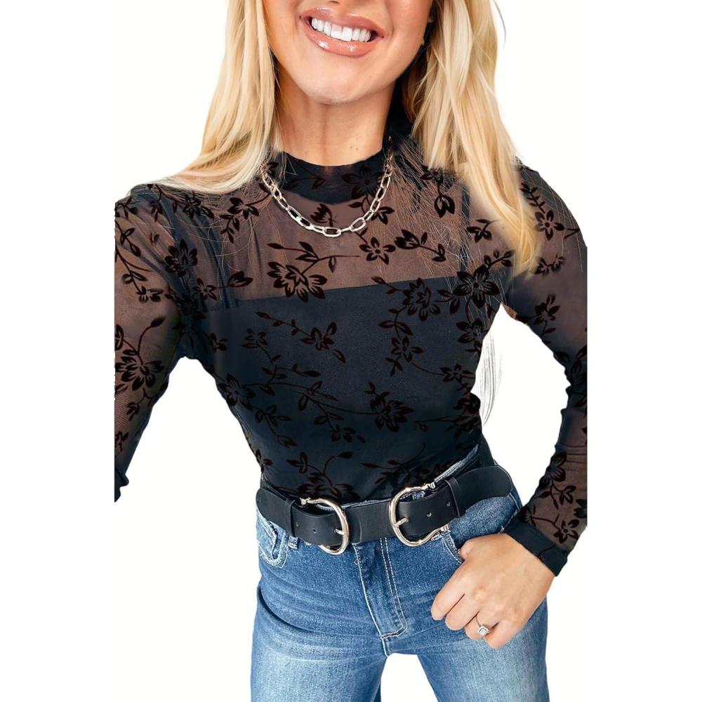 imageLALAGEN Womens Round Neck Blouse Shirts Black Western Horse Sheer Mesh Long Sleeve Slim Fit Blouse Shirts TopsZdark Black