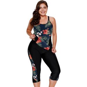imageLALAGEN Womens Plus Size Swimsuits 2025 Modest Rash Guard Capris Tankini Bathing Suits Two Piece Bathing Suit SwimwearOrange Flowers