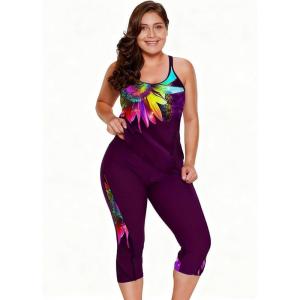 imageLALAGEN Womens Plus Size Swimsuits 2025 Modest Rash Guard Capris Tankini Bathing Suits Two Piece Bathing Suit SwimwearZpurple Sunflower
