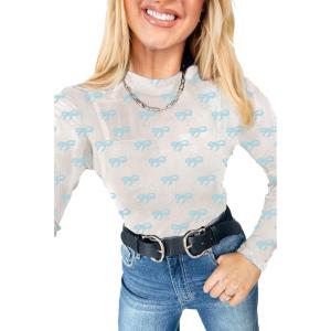 imageLALAGEN Womens Round Neck Blouse Shirts Black Western Horse Sheer Mesh Long Sleeve Slim Fit Blouse Shirts TopsZbow Blue