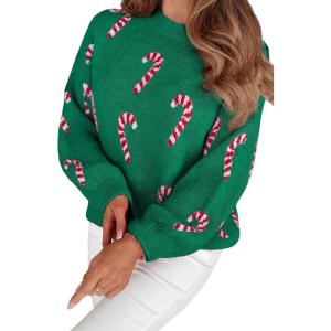 imageLALAGEN Womens Round Neck Sweater Sachet Pink Christmas Candy Cane Holiday Drop Shoulder Sweater PulloverDark Green