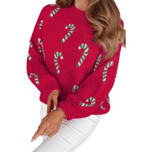 imageLALAGEN Womens Round Neck Sweater Sachet Pink Christmas Candy Cane Holiday Drop Shoulder Sweater PulloverRacing Red