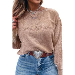 imageLALAGEN Womens Fall Loose Sweatshirt Saved by Grace Embroidery Mineral Wash Casual TopsDune
