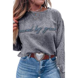 imageLALAGEN Womens Fall Loose Sweatshirt Saved by Grace Embroidery Mineral Wash Casual TopsHighrise
