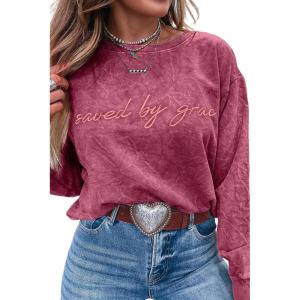 imageLALAGEN Womens Fall Loose Sweatshirt Saved by Grace Embroidery Mineral Wash Casual TopsMineral Red