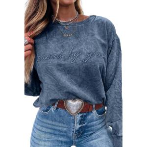 imageLALAGEN Womens Fall Loose Sweatshirt Saved by Grace Embroidery Mineral Wash Casual TopsReal Teal