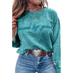 imageLALAGEN Womens Fall Loose Sweatshirt Saved by Grace Embroidery Mineral Wash Casual TopsSea Green