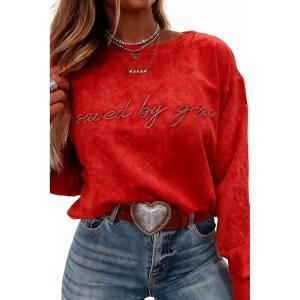 imageLALAGEN Womens Fall Loose Sweatshirt Saved by Grace Embroidery Mineral Wash Casual TopsZred