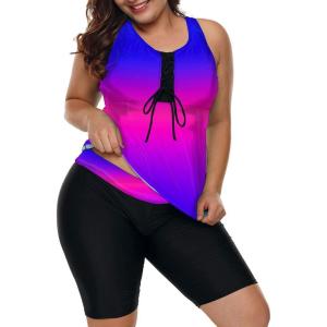 imageLALAGEN Womens 2025 Plus Size Tankini Swimsuits Rash Guard Capris Athletic Two Piece Swimwear Bathing Suits for Women S5XBlue Purple