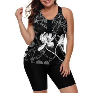 imageLALAGEN Womens 2025 Plus Size Tankini Swimsuits Rash Guard Capris Athletic Two Piece Swimwear Bathing Suits for Women S5XFloral Black White
