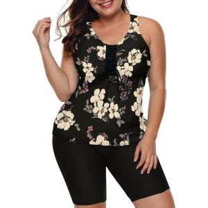 imageLALAGEN Womens 2025 Plus Size Tankini Swimsuits Rash Guard Capris Athletic Two Piece Swimwear Bathing Suits for Women S5XFloral Black Yellow