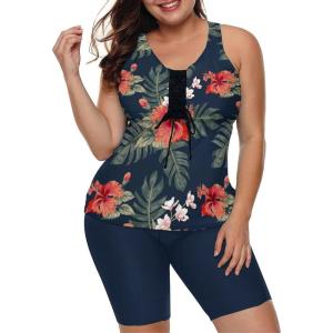 imageLALAGEN Womens 2025 Plus Size Tankini Swimsuits Rash Guard Capris Athletic Two Piece Swimwear Bathing Suits for Women S5XPrint Blue