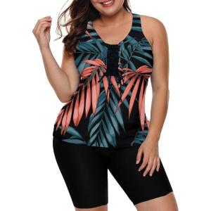 imageLALAGEN Womens 2025 Plus Size Tankini Swimsuits Rash Guard Capris Athletic Two Piece Swimwear Bathing Suits for Women S5XPrint Leaf