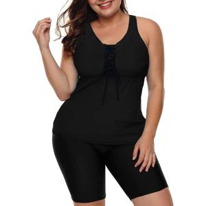imageLALAGEN Womens 2025 Plus Size Tankini Swimsuits Rash Guard Capris Athletic Two Piece Swimwear Bathing Suits for Women S5XSolid Black