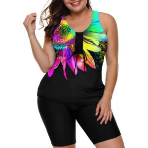 imageLALAGEN Womens 2025 Plus Size Tankini Swimsuits Rash Guard Capris Athletic Two Piece Swimwear Bathing Suits for Women S5XZcolorful Sunflower