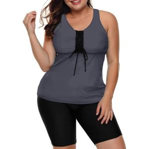 imageLALAGEN Womens 2025 Plus Size Tankini Swimsuits Rash Guard Capris Athletic Two Piece Swimwear Bathing Suits for Women S5XZdark Grey