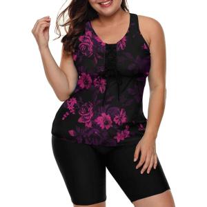 imageLALAGEN Womens 2025 Plus Size Tankini Swimsuits Rash Guard Capris Athletic Two Piece Swimwear Bathing Suits for Women S5XZpurple Flowers