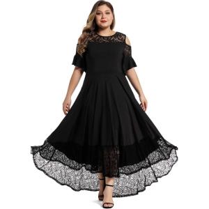 imageLALAGEN Womens Plus Size Lace Cold Shoulder Casual Long Plain Evening Party Maxi Dress L5XBlack
