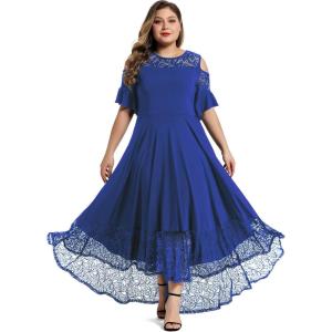 imageLALAGEN Womens Plus Size Lace Cold Shoulder Casual Long Plain Evening Party Maxi Dress L5XBlue