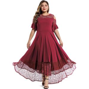 imageLALAGEN Womens Plus Size Lace Cold Shoulder Casual Long Plain Evening Party Maxi Dress L5XRed