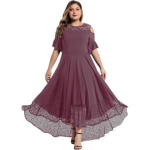 imageLALAGEN Womens Plus Size Lace Cold Shoulder Casual Long Plain Evening Party Maxi Dress L5XZpurple Brown