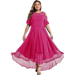 imageLALAGEN Womens Plus Size Lace Cold Shoulder Casual Long Plain Evening Party Maxi Dress L5XZrose Red