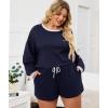 imageLALAGEN Womens Plus Size 2 Piece Outfits Pajamas Set Shorts Fleece Fall Matching Lounge Set Casual SweatsuitNavy