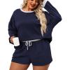 imageLALAGEN Womens Plus Size 2 Piece Outfits Pajamas Set Shorts Fleece Fall Matching Lounge Set Casual SweatsuitNavy