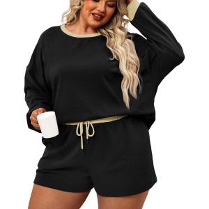 imageLALAGEN Womens Plus Size 2 Piece Outfits Pajamas Set Shorts Fleece Fall Matching Lounge Set Casual SweatsuitBlack