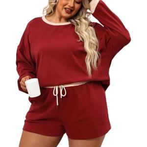 imageLALAGEN Womens Plus Size 2 Piece Outfits Pajamas Set Shorts Fleece Fall Matching Lounge Set Casual SweatsuitZred