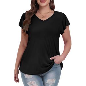 imagePlus Size T Shirts for Women 2025 V Neck Ruffle Short Sleeve Basic Tee Casual Loose Fit Blouse Summer Trendy Tunic TopsBlack