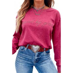 imageLALAGEN Womens Fall Loose Sweatshirt Saved by Grace Embroidery Mineral Wash Casual TopsZrose Red