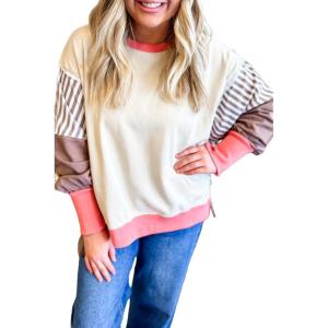 imageLALAGEN Womens Casual Sweatshirt White Color Block Striped Patchwork Slit SweatshirtWhite