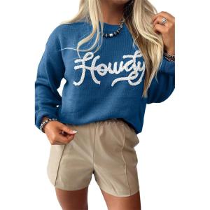 imageLALAGEN Womens Sweater Dusk Blue Howdy Embroidered Graphic Western Sweater PulloverDusk Blue