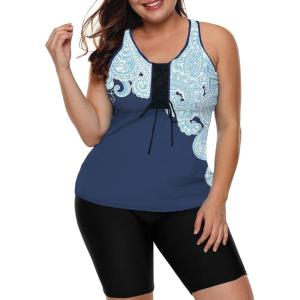 imageLALAGEN Womens 2026 Plus Size Tankini Swimsuits Rash Guard Capris Athletic Two Piece Swimwear Bathing Suits for Women S5XZnavy Blue Print