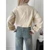 image:imageLALAGEN Womens Blouses Contrast Color Trim Long Sleeve Shirt Cotton Blouse with Stand Collar Autumn Winter Blouses TopsApricot