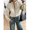 image:imageLALAGEN Womens Blouses Contrast Color Trim Long Sleeve Shirt Cotton Blouse with Stand Collar Autumn Winter Blouses TopsApricot
