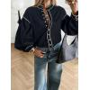 image:imageLALAGEN Womens Blouses Contrast Color Trim Long Sleeve Shirt Cotton Blouse with Stand Collar Autumn Winter Blouses TopsBlack
