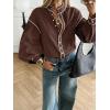 image:imageLALAGEN Womens Blouses Contrast Color Trim Long Sleeve Shirt Cotton Blouse with Stand Collar Autumn Winter Blouses TopsBrown