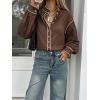 image:imageLALAGEN Womens Blouses Contrast Color Trim Long Sleeve Shirt Cotton Blouse with Stand Collar Autumn Winter Blouses TopsBrown