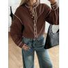 image:imageLALAGEN Womens Blouses Contrast Color Trim Long Sleeve Shirt Cotton Blouse with Stand Collar Autumn Winter Blouses TopsBrown