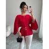 image:imageLALAGEN Womens Blouses Women French Style Round Neck Flutter Sleeve SelfTie Waist Shiny Blouse Christmas TopsRed