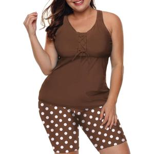 image:imageLALAGEN Womens 2026 Plus Size Tankini Swimsuits Rash Guard Capris Athletic Two Piece Swimwear Bathing Suits for Women S5XZbrown White Dots