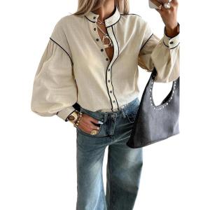 image:imageLALAGEN Womens Blouses Contrast Color Trim Long Sleeve Shirt Cotton Blouse with Stand Collar Autumn Winter Blouses TopsApricot