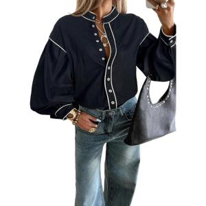 image:imageLALAGEN Womens Blouses Contrast Color Trim Long Sleeve Shirt Cotton Blouse with Stand Collar Autumn Winter Blouses TopsBlack