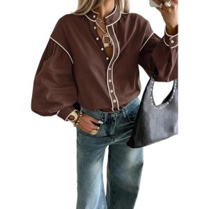 image:imageLALAGEN Womens Blouses Contrast Color Trim Long Sleeve Shirt Cotton Blouse with Stand Collar Autumn Winter Blouses TopsBrown