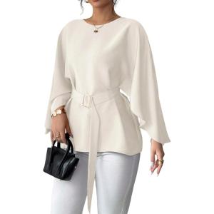 image:imageLALAGEN Womens Blouses Women French Style Round Neck Flutter Sleeve SelfTie Waist Shiny Blouse Christmas TopsApricot
