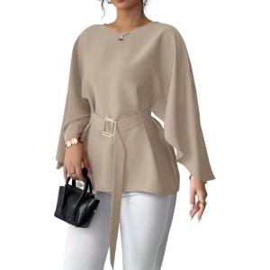 image:imageLALAGEN Womens Blouses Women French Style Round Neck Flutter Sleeve SelfTie Waist Shiny Blouse Christmas TopsKhaki