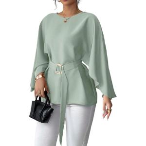 image:imageLALAGEN Womens Blouses Women French Style Round Neck Flutter Sleeve SelfTie Waist Shiny Blouse Christmas TopsMint Green